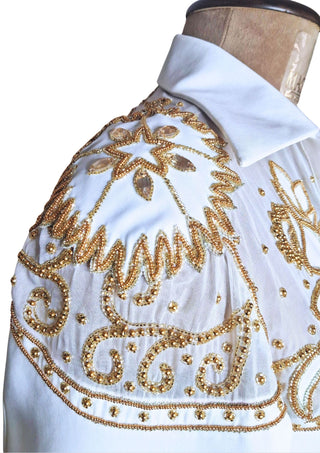 Women’s White Country Western Embroidered 2 Piece Suit with Organza Patchwork Shirt & Trousers