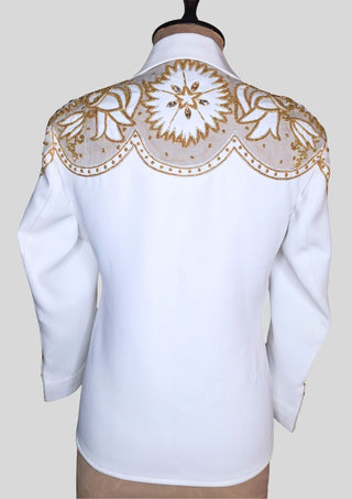 Women’s White Country Western Embroidered 2 Piece Suit with Organza Patchwork Shirt & Trousers