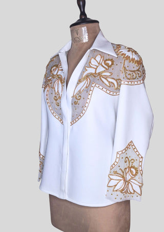 Women’s White Country Western Embroidered 2 Piece Suit with Organza Patchwork Shirt & Trousers