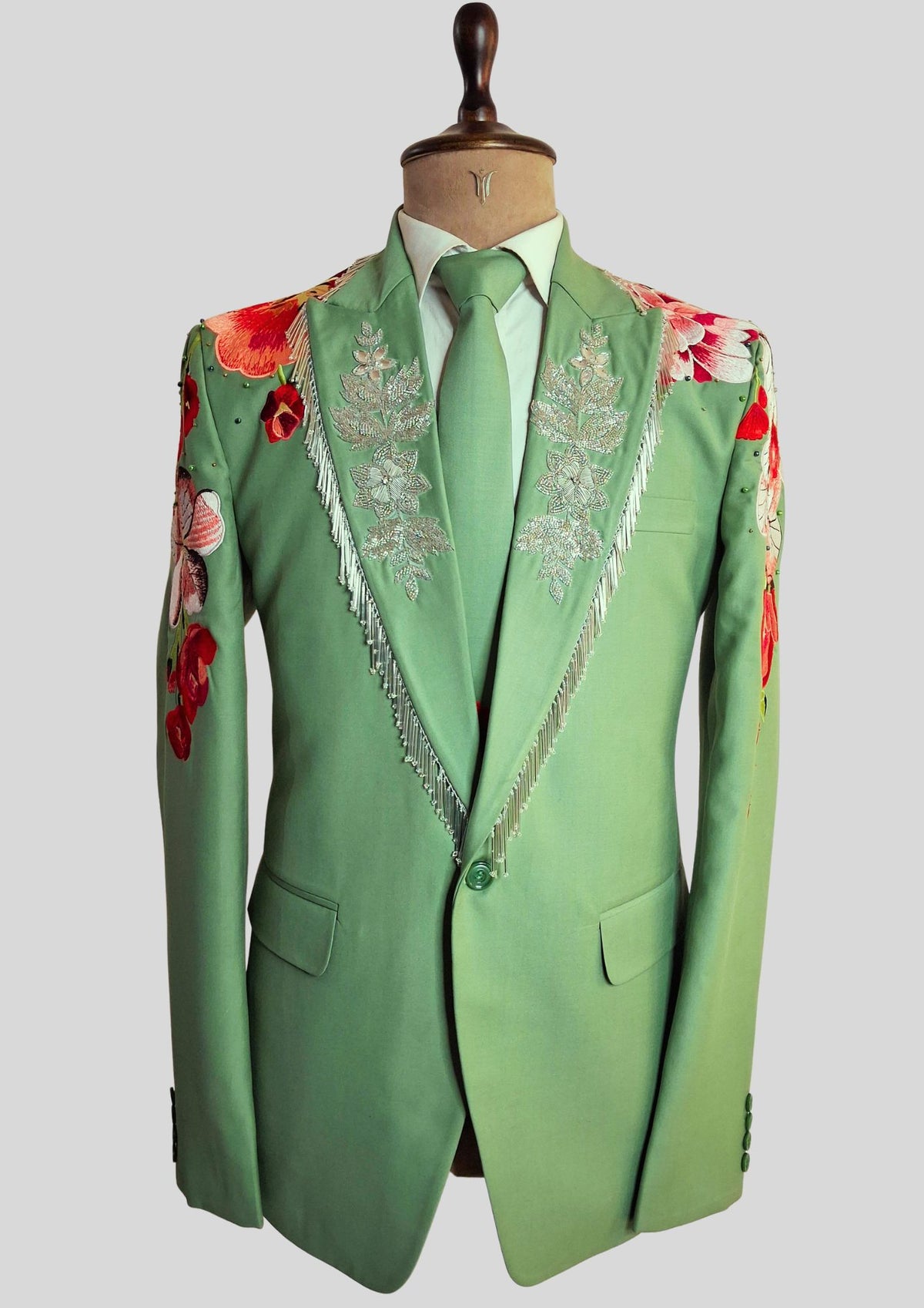 Men’s Palm Green Floral Embroidered Western 2-Piece Suit with Matching Tie Country Groom Wedding Outfit