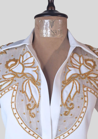 Women’s White Country Western Embroidered 2 Piece Suit with Organza Patchwork Shirt & Trousers