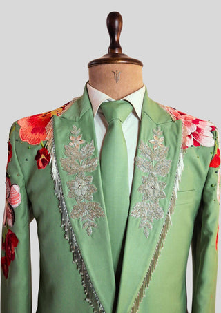 Men’s Palm Green Floral Embroidered Western 2-Piece Suit with Matching Tie Country Groom Wedding Outfit