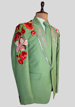Men’s Palm Green Floral Embroidered Western 2-Piece Suit with Matching Tie Country Groom Wedding Outfit
