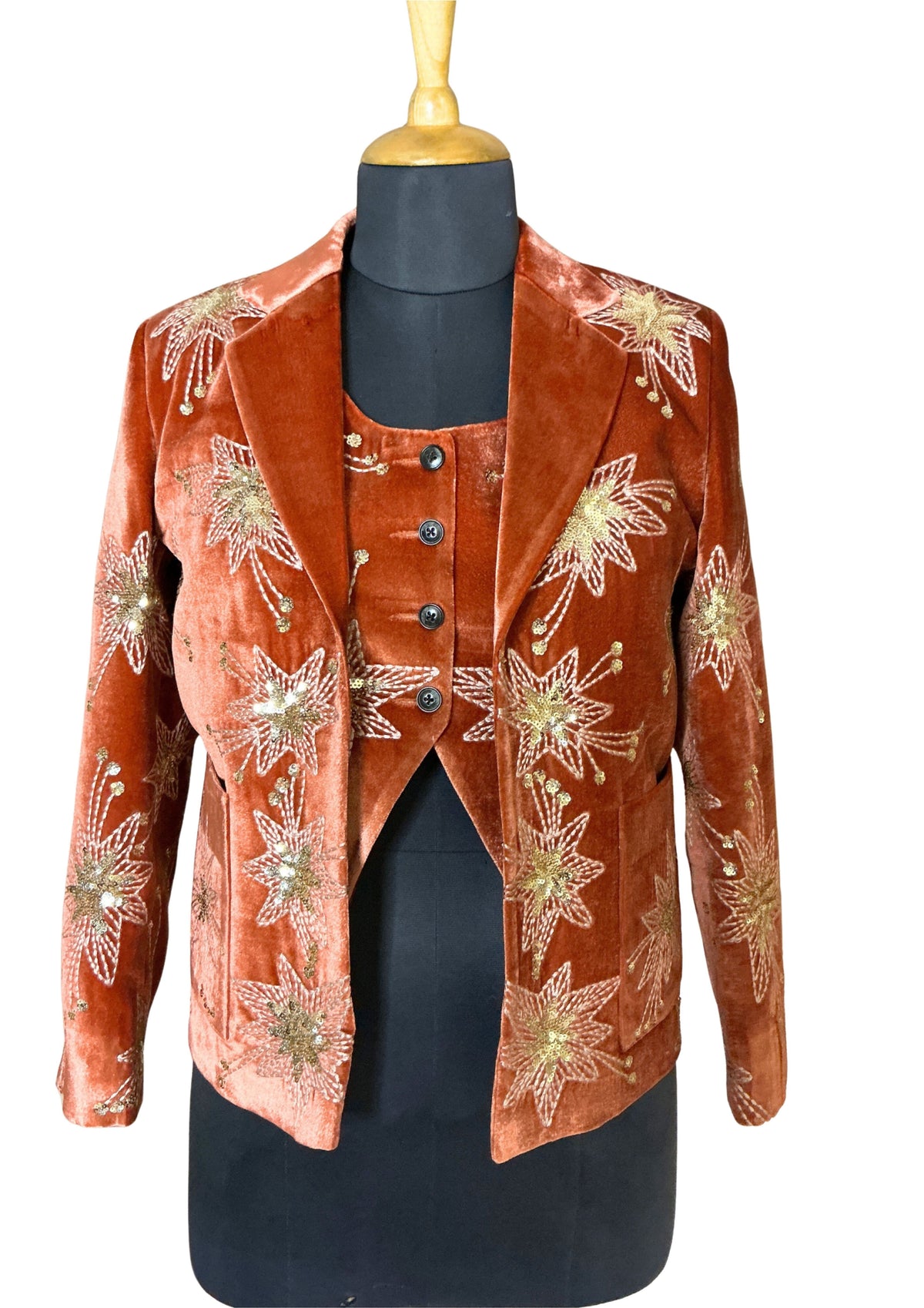 Women’s Luxury Rust Velvet Starry Night Collection – 3-Piece Embroidered Suit Set