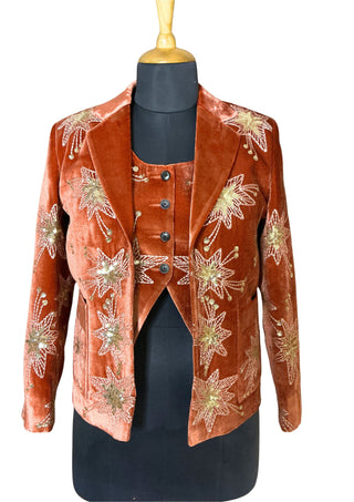Women’s Luxury Rust Velvet Starry Night Collection – 3-Piece Embroidered Suit Set