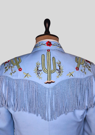 Men’s Powder Blue Country Western Suit – 2 Piece Cowboy Wedding Outfit with Cactus Embroidery & Fringe Detail