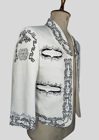 Men's Custom Ivory Mariachi Charro Jacket: Black Embroidered Mexican Wedding Outfit
