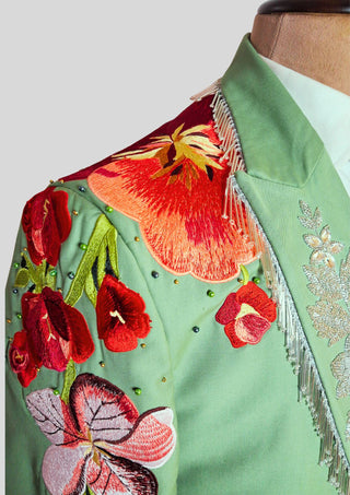Men’s Palm Green Floral Embroidered Western 2-Piece Suit with Matching Tie Country Groom Wedding Outfit