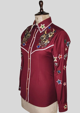 Women’s Maroon Fully Hand-Embroidered Country Western Shirt
