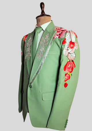 Men’s Palm Green Floral Embroidered Western 2-Piece Suit with Matching Tie Country Groom Wedding Outfit