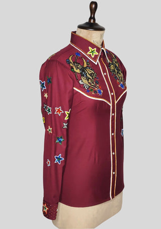 Women’s Maroon Fully Hand-Embroidered Country Western Shirt