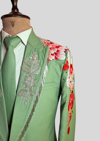 Men’s Palm Green Floral Embroidered Western 2-Piece Suit with Matching Tie Country Groom Wedding Outfit