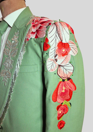 Men’s Palm Green Floral Embroidered Western 2-Piece Suit with Matching Tie Country Groom Wedding Outfit