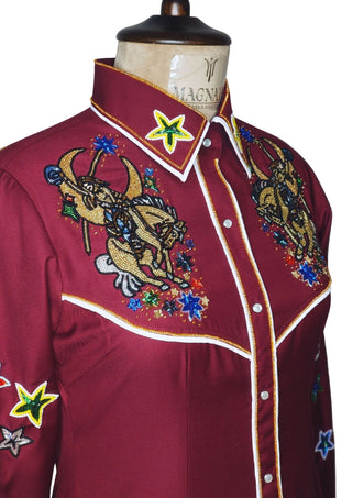 Women’s Maroon Fully Hand-Embroidered Country Western Shirt