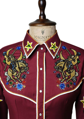 Women’s Maroon Fully Hand-Embroidered Country Western Shirt
