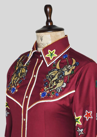 Women’s Maroon Fully Hand-Embroidered Country Western Shirt