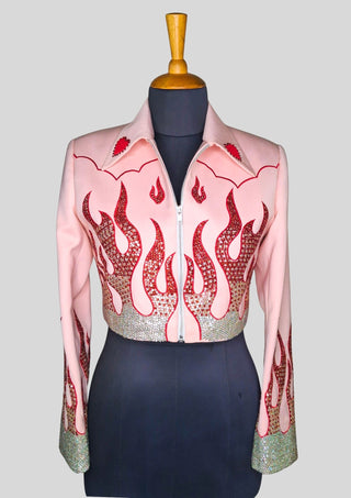 Women’s Pink Flame Embellished Rhinestone Cowgirl Jacket Rodeo Outfit Country Concert Wear