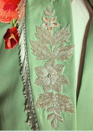 Men’s Palm Green Floral Embroidered Western 2-Piece Suit with Matching Tie Country Groom Wedding Outfit