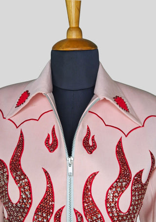 Women’s Pink Flame Embellished Rhinestone Cowgirl Jacket Rodeo Outfit Country Concert Wear