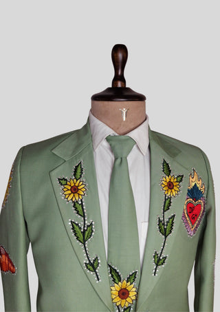 Men’s Palm Green Country Western Blazer with Floral Embroidery Rhinestone Detail Groom Outfit