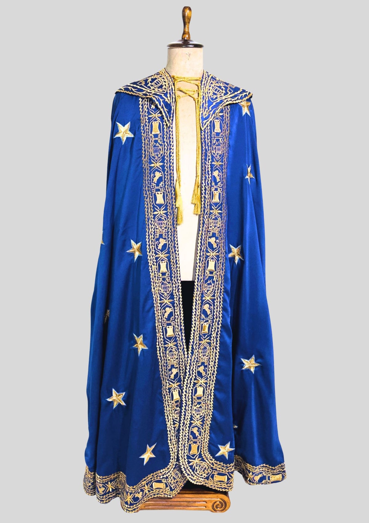 Men Blue Satin Gold Embroidered Cloak Cape Custom Historical Mantle Theatrical Costume Wedding Outfit