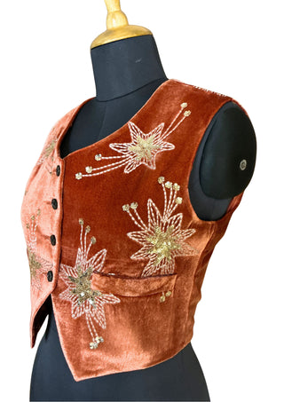 Women’s Luxury Rust Velvet Starry Night Collection – 3-Piece Embroidered Suit Set