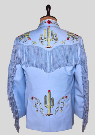 Men’s Powder Blue Country Western Suit – 2 Piece Cowboy Wedding Outfit with Cactus Embroidery & Fringe Detail