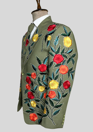 Men’s Country Western 3 Piece Suit – Olive Green Floral Embroidered Groom Suit with Rhinestone Work, Blazer Vest & Matching Tie