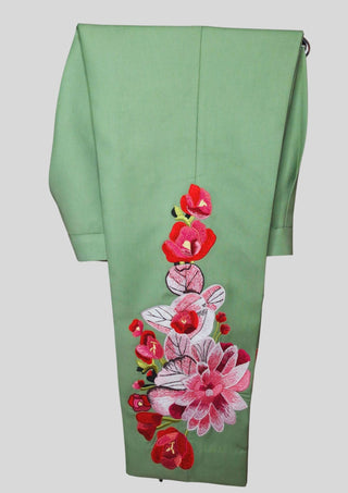 Men’s Palm Green Floral Embroidered Western 2-Piece Suit with Matching Tie Country Groom Wedding Outfit