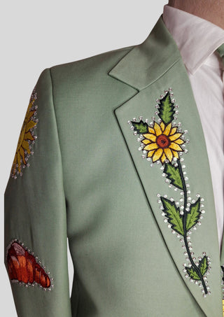 Men’s Palm Green Country Western Blazer with Floral Embroidery Rhinestone Detail Groom Outfit