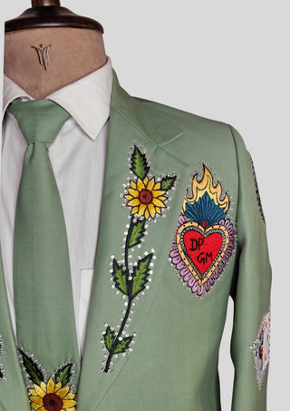 Men’s Palm Green Country Western Blazer with Floral Embroidery Rhinestone Detail Groom Outfit