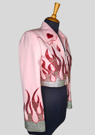 Women’s Pink Flame Embellished Rhinestone Cowgirl Jacket Rodeo Outfit Country Concert Wear