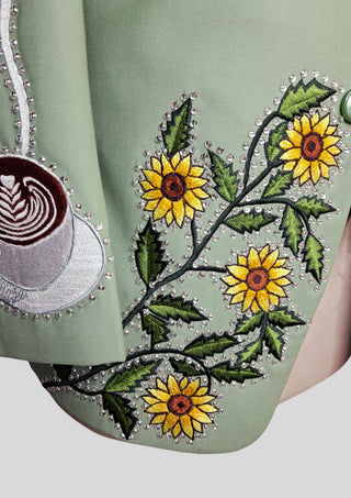 Men’s Palm Green Country Western Blazer with Floral Embroidery Rhinestone Detail Groom Outfit