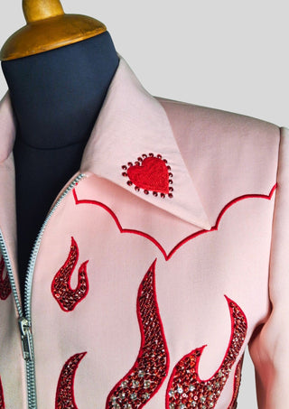 Women’s Pink Flame Embellished Rhinestone Cowgirl Jacket Rodeo Outfit Country Concert Wear