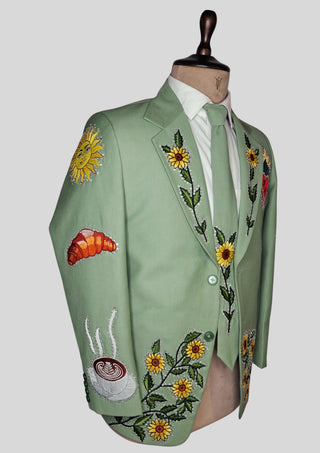 Men’s Palm Green Country Western Blazer with Floral Embroidery Rhinestone Detail Groom Outfit