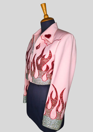 Women’s Pink Flame Embellished Rhinestone Cowgirl Jacket Rodeo Outfit Country Concert Wear