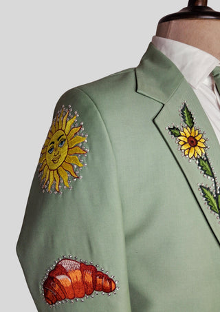 Men’s Palm Green Country Western Blazer with Floral Embroidery Rhinestone Detail Groom Outfit