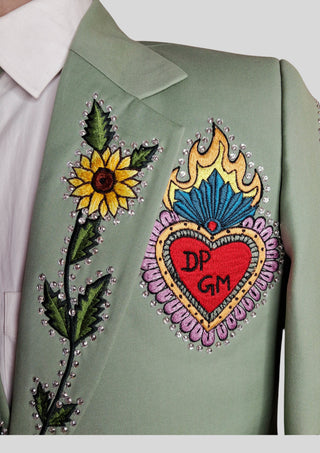 Men’s Palm Green Country Western Blazer with Floral Embroidery Rhinestone Detail Groom Outfit