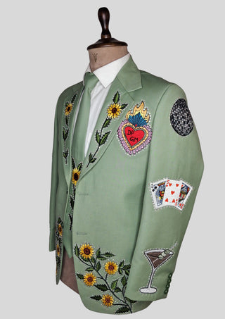 Men’s Palm Green Country Western Blazer with Floral Embroidery Rhinestone Detail Groom Outfit