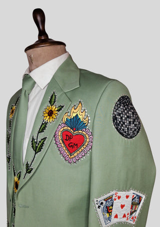 Men’s Palm Green Country Western Blazer with Floral Embroidery Rhinestone Detail Groom Outfit