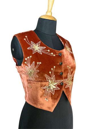 Women’s Luxury Rust Velvet Starry Night Collection – 3-Piece Embroidered Suit Set
