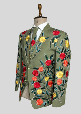Men’s Country Western 3 Piece Suit – Olive Green Floral Embroidered Groom Suit with Rhinestone Work, Blazer Vest & Matching Tie