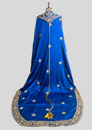 Men Blue Satin Gold Embroidered Cloak Cape Custom Historical Mantle Theatrical Costume Wedding Outfit