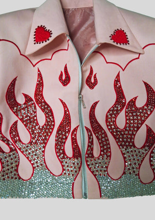 Women’s Pink Flame Embellished Rhinestone Cowgirl Jacket Rodeo Outfit Country Concert Wear
