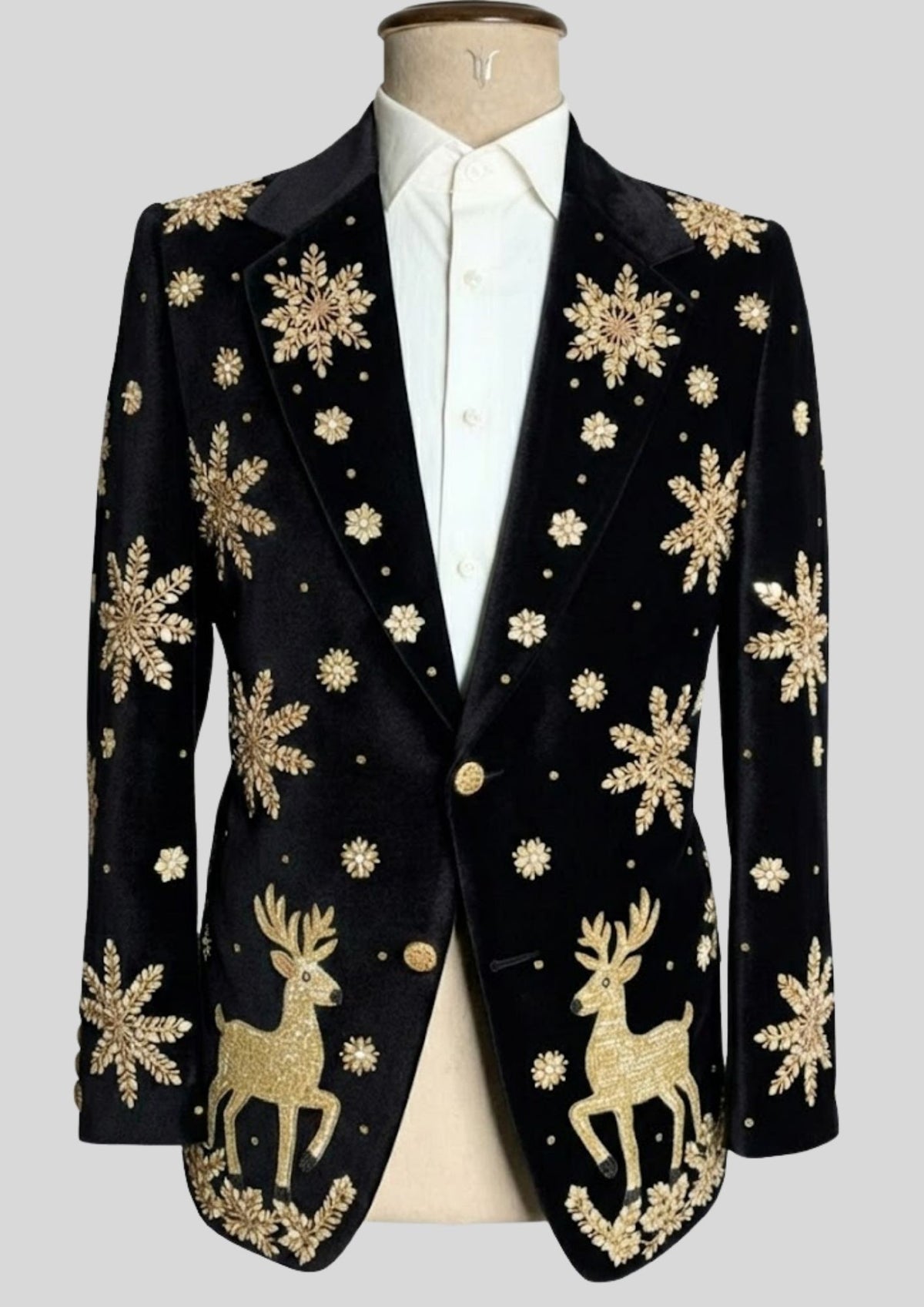Men’s Black Velvet Christmas Embroidered Blazer – Reindeer & Snowflake Handwork Festive Party Jacket