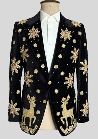 Men’s Black Velvet Christmas Embroidered Blazer – Reindeer & Snowflake Handwork Festive Party Jacket