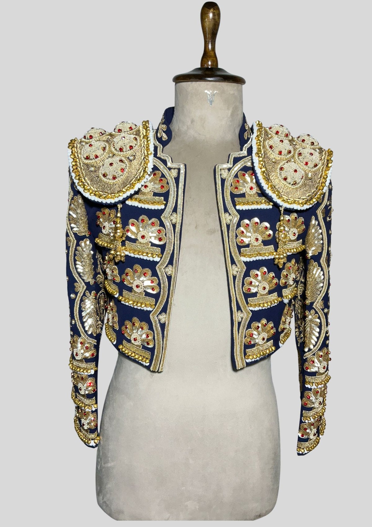 Men’s Navy Matador Suit 2Pc – Gold Embroidered Spanish Bullfighter Bolero Jacket & Vest, Beaded Shoulder Pads, Carnival & Wedding Outfit