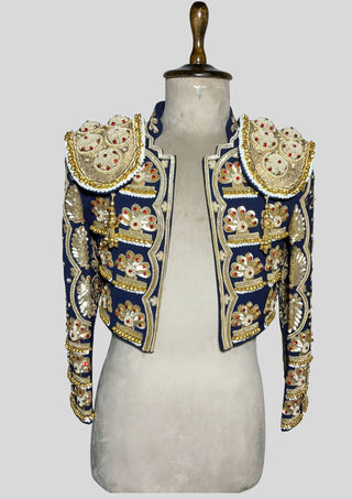 Men’s Navy Matador Suit 2Pc – Gold Embroidered Spanish Bullfighter Bolero Jacket & Vest, Beaded Shoulder Pads, Carnival & Wedding Outfit