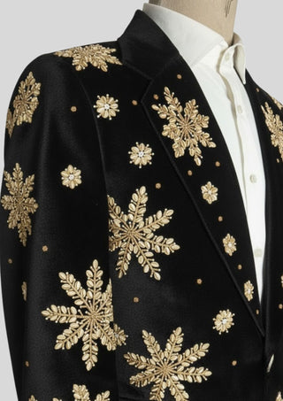 Men’s Black Velvet Christmas Embroidered Blazer – Reindeer & Snowflake Handwork Festive Party Jacket