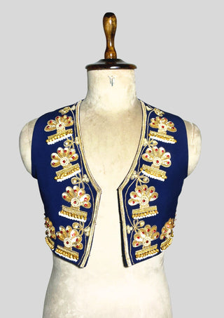 Men’s Navy Matador Suit 2Pc – Gold Embroidered Spanish Bullfighter Bolero Jacket & Vest, Beaded Shoulder Pads, Carnival & Wedding Outfit